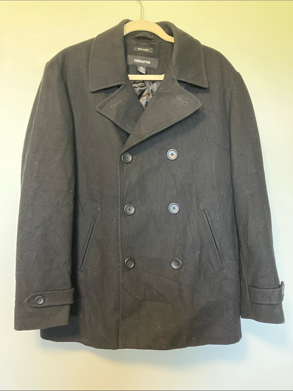 Claiborne Men's Black Double-Breasted Pea Coat with Quilted Lining